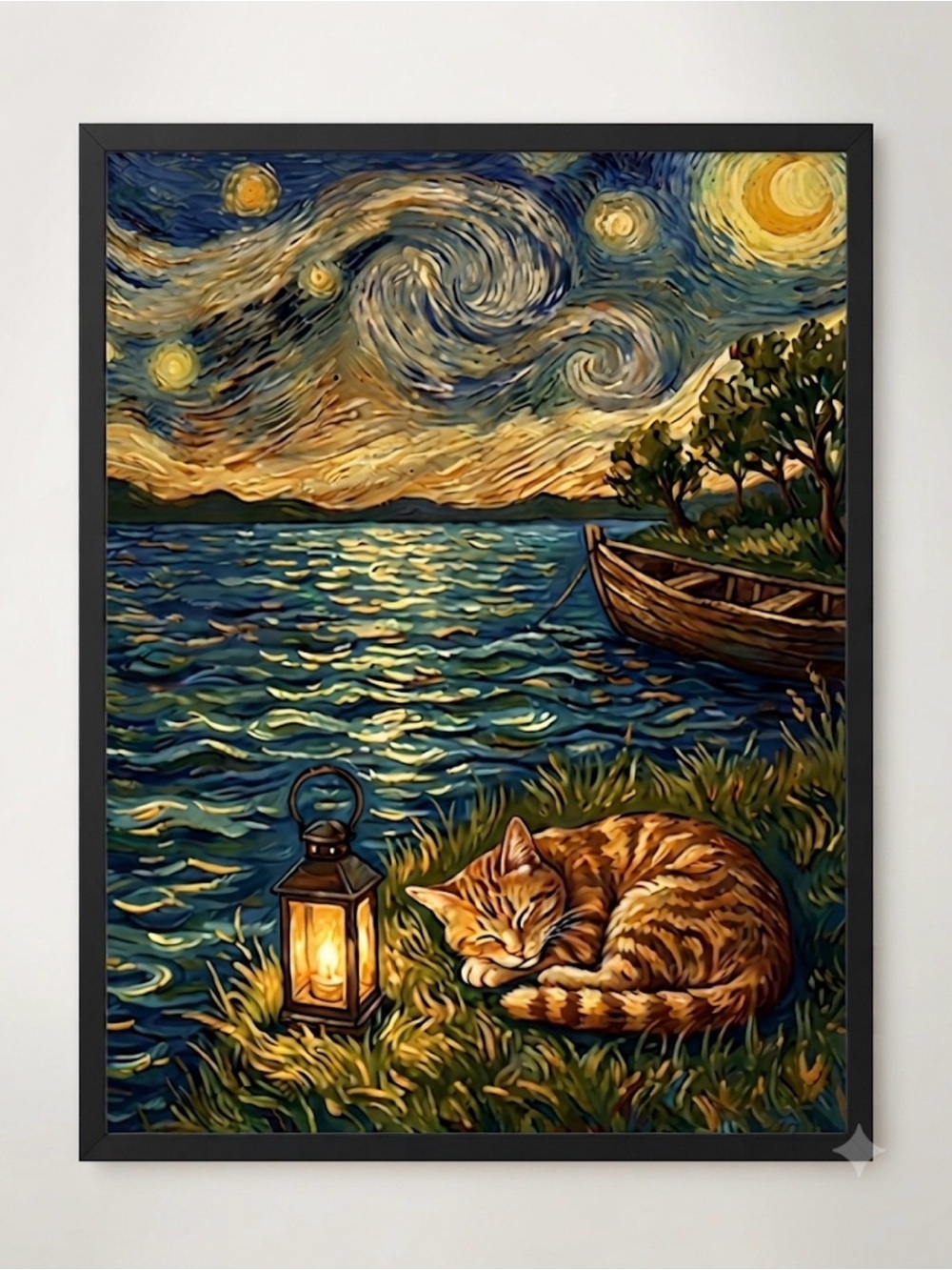 Framed 8x10 Starry Night Cat by the Lake Scenic Wall Art